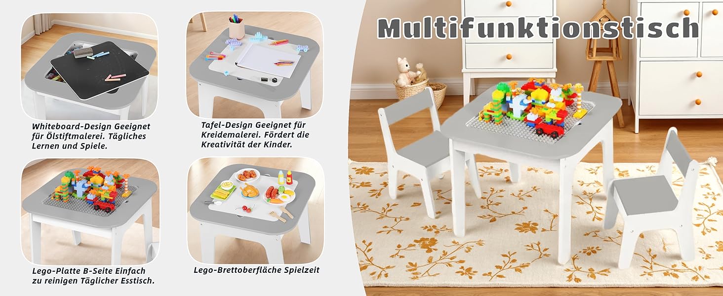 Дитячий стіл та стільці Clevich - комплект для дитячої кімнати (сірий), з місцем для зберігання та дошкою для малювання