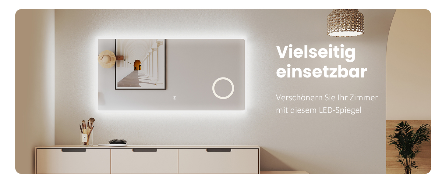 Дзеркало для ванної кімнати EMKE з підсвічуванням 100x60 см, LED, 3x косметичне дзеркало, 6500K, сенсорне, IP44, енергозберігаюче