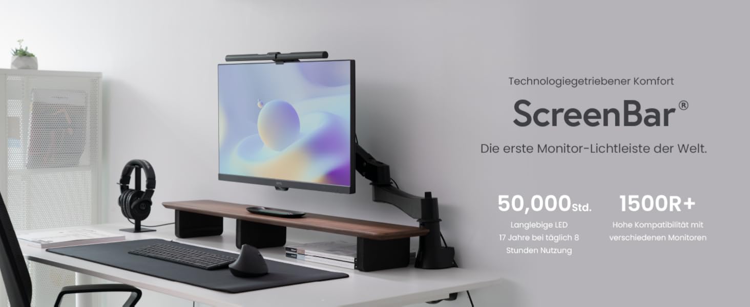 BenQ ScreenBar - LED лампа для монітора з регулюванням кольору та автоматичним затемненням, захист очей, USB зарядка, офісна лампа