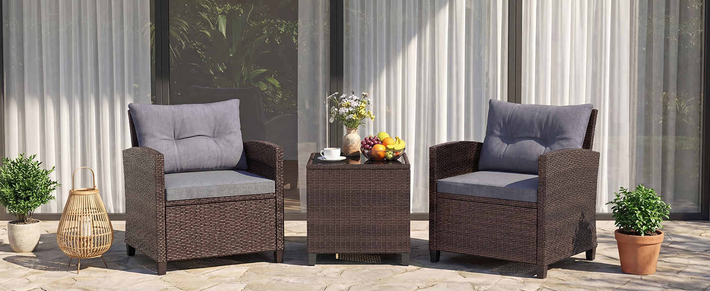 Набір садових меблів GIANTEX з ротангу для балкона та саду: 2 крісла та стіл, сірий з сірим (3 предмети) з подушками