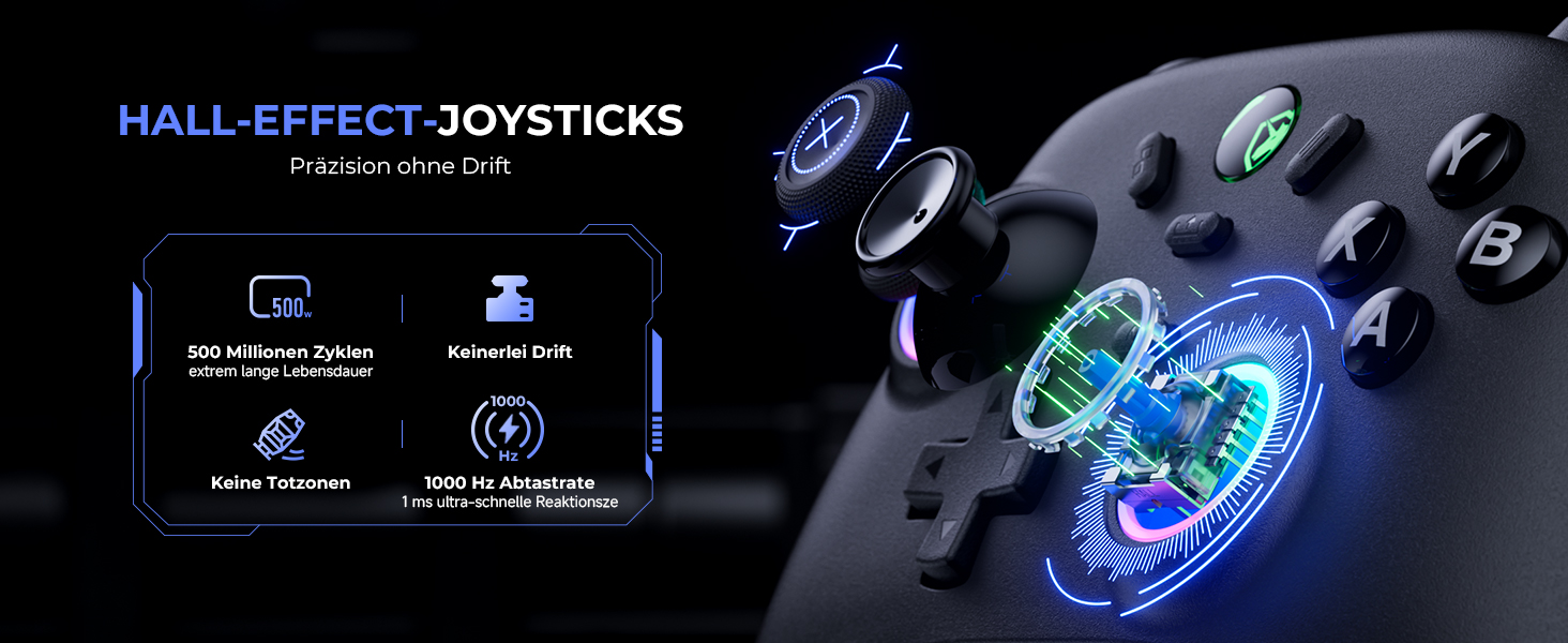 Ігровий бездротовий контролер ECHTPower для PC, Switch, Steam Deck, Android, iOS — RGB-підсвітка, Hall-джойстики, Turbo, вібрація, акумулятор 800mAh, чорний