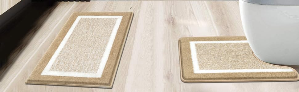 М'який килимок для ванної кімнати Pauwer Set 3 шт., мікрофібра, вбираючий, з антиковзаючим покриттям, комплект килимків для ванної, туалетного килимка та килимка перед ванною (Бежевий, 50x80+50x60 см)