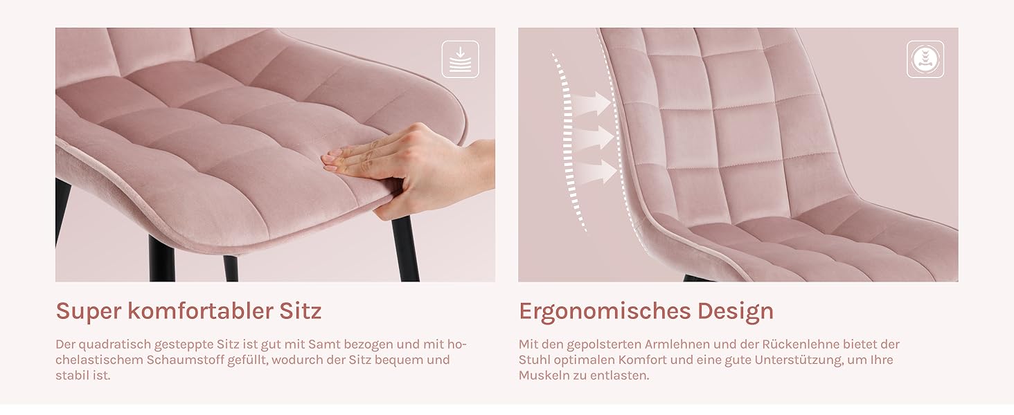 Набір обідніх стільців WOLTU, 8 шт., рожеві, для кухні, вітальні, їдальні, м'яке сидіння з велюру, металеві ніжки, до 150 кг