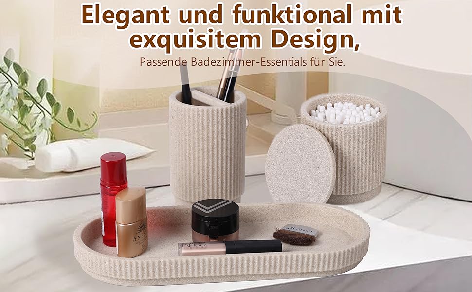 Набір для ванної кімнати 6 предметів: дозатор для мила, стаканчик для зубної щітки з підносом та коробочка для ватних паличок – смугастий дизайн, високоякісна смола (бежевий)