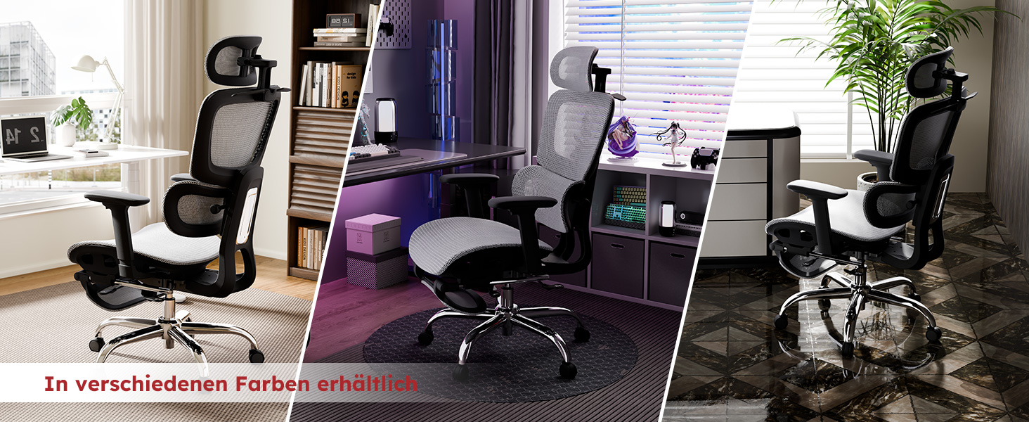 Ергономічне офісне крісло Voll-Mesh з підголівником, підставкою для ніг, регульованою спинкою, підлокітниками, саморегульованою поперековою підтримкою, PU-колесами, поворотним на 360°, навантаження до 150 кг, (Світло-сірий)