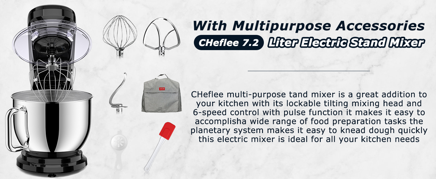 Кухонна машина Cheflee 2000W: потужна планетарна міксер для тіста та збивання, 6 швидкостей, 7.2 л чаша з нержавіючої сталі, гак та вінчик, захист від бризок, чорний