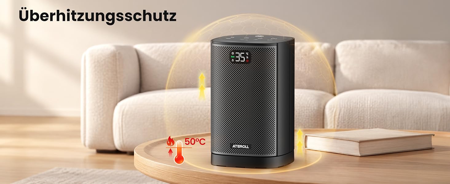 Кварцевий електричний обігрівач Ateroll 2000W, компактний енергоощадний тепловентилятор з 3 режимами роботи, чорний квадратний