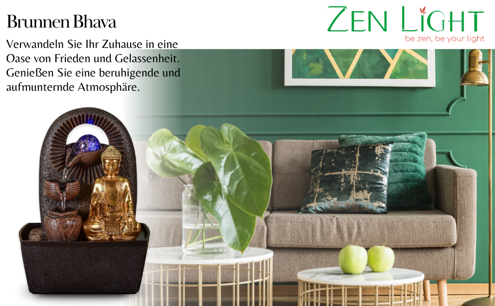 Джерело води Zen'Light від Zimmerbrunnen з Буддою та LED-підсвічуванням. Сучасна декорація для медитації та релаксації. Об'єкт Фен-Шуй, висота 26 см, колір горіх (Bhava)