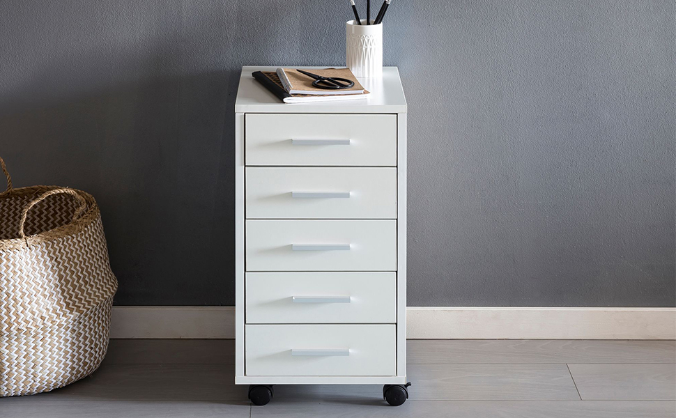 Роликовий контейнер FineBuy білий, 33 x 63 x 38 см, з 5 висувними ящиками. Шафа для офісу, письмовий стіл, домашній офіс
