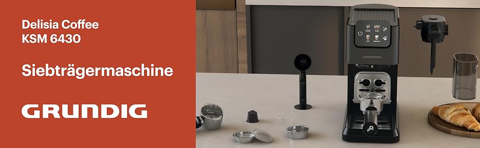 Еспресо-машина GRUNDIG KSM 6430 з вбудованим контейнером для молока, 1628 Вт, 20 бар, 2-дозова, Touch-Display, BrewSense, CreamyPro, Dark Inox/Schwarz, сумісна з капсулами та падами