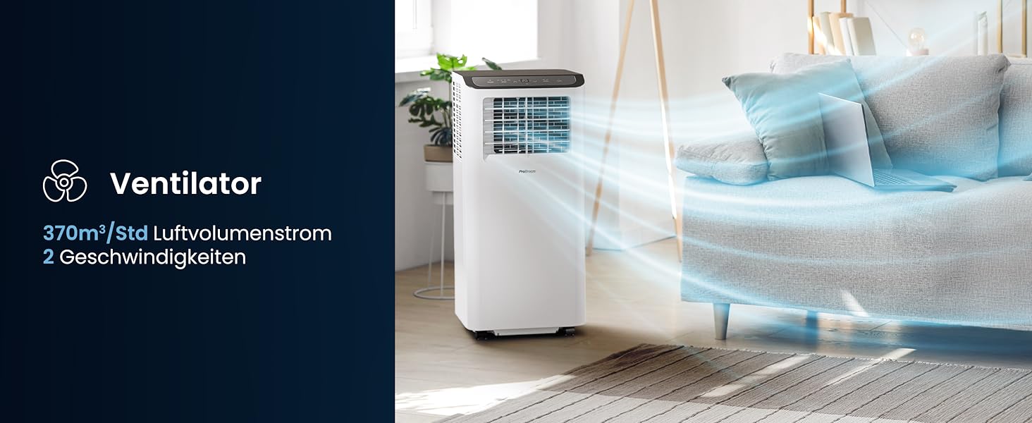 Мобільний кондиціонер Pro Breeze 9000 BTU 4-в-1: охолодження, вентиляція, осушення, нічний режим. Клас енергоефективності A, пульт, таймер 24 год, управління зі смартфона