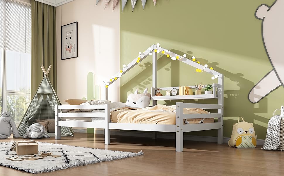 Ліжко дитяче Merax 90x200 см з бортиками, з ящиками та полицею, біле. Стабільне дерев'яне ліжко-будиночок з ламелями. Ігрове ліжко для хлопчиків та дівчаток.