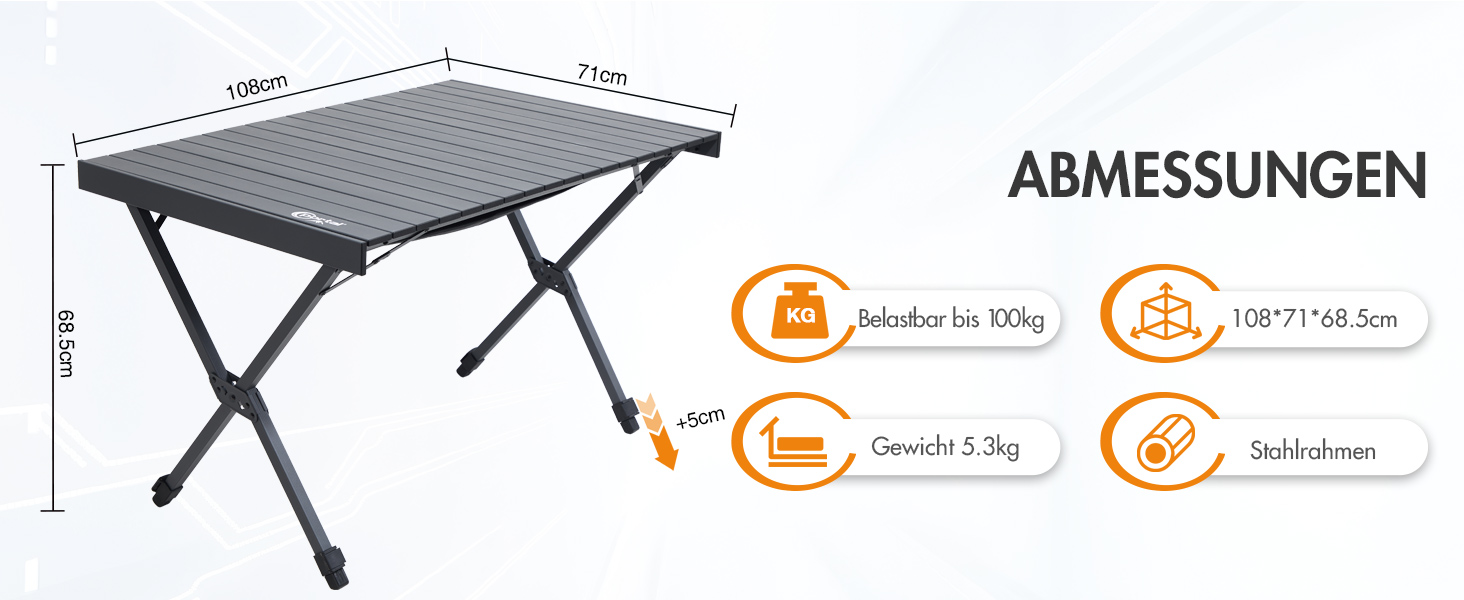 Складаний кемпінговий стіл PORTAL з регулюванням висоти, алюмінієвий, 108 x 71 см, легкий стіл для пікніка, саду та подорожей, чорний