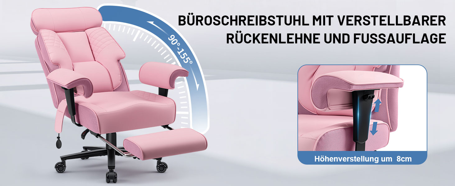 Офісний крісло HOFFREE Ergonomiczne для керівника, 220 кг, з підставкою для ніг, регульованою поперековою підтримкою, регульованою висотою підголівника, PU шкіра, чорне (рожева шкіра)