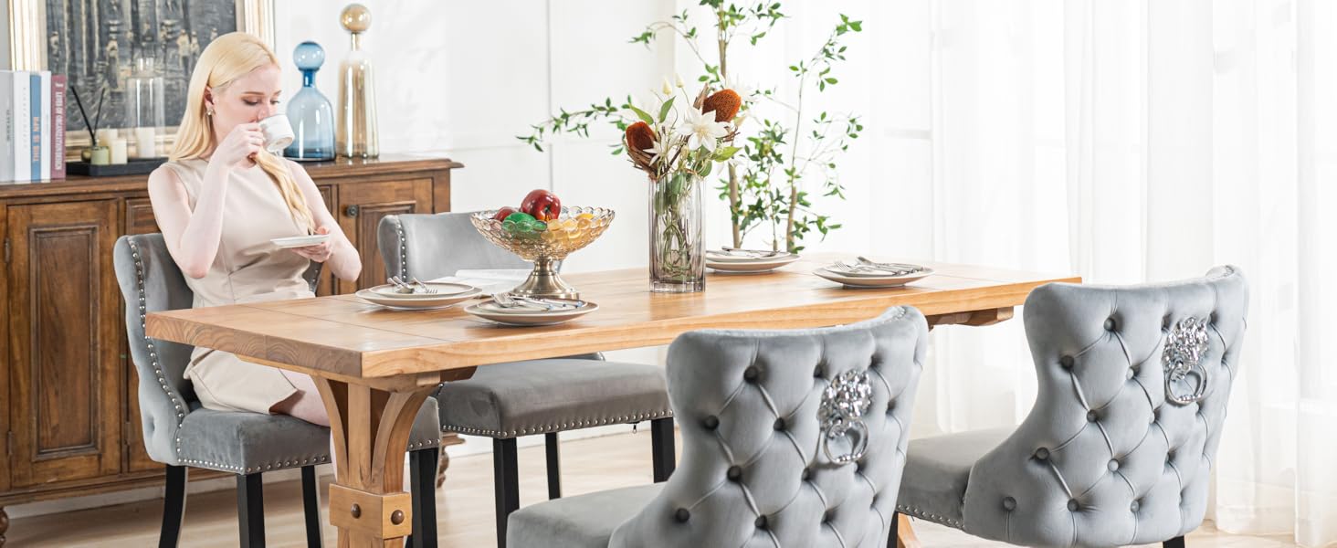 Крісла для їдальні з велюру, комплект 4 шт. - зручні кухонні крісла для вітальні, без підлокітники, на дерев'яних ніжках (Сірий-4)