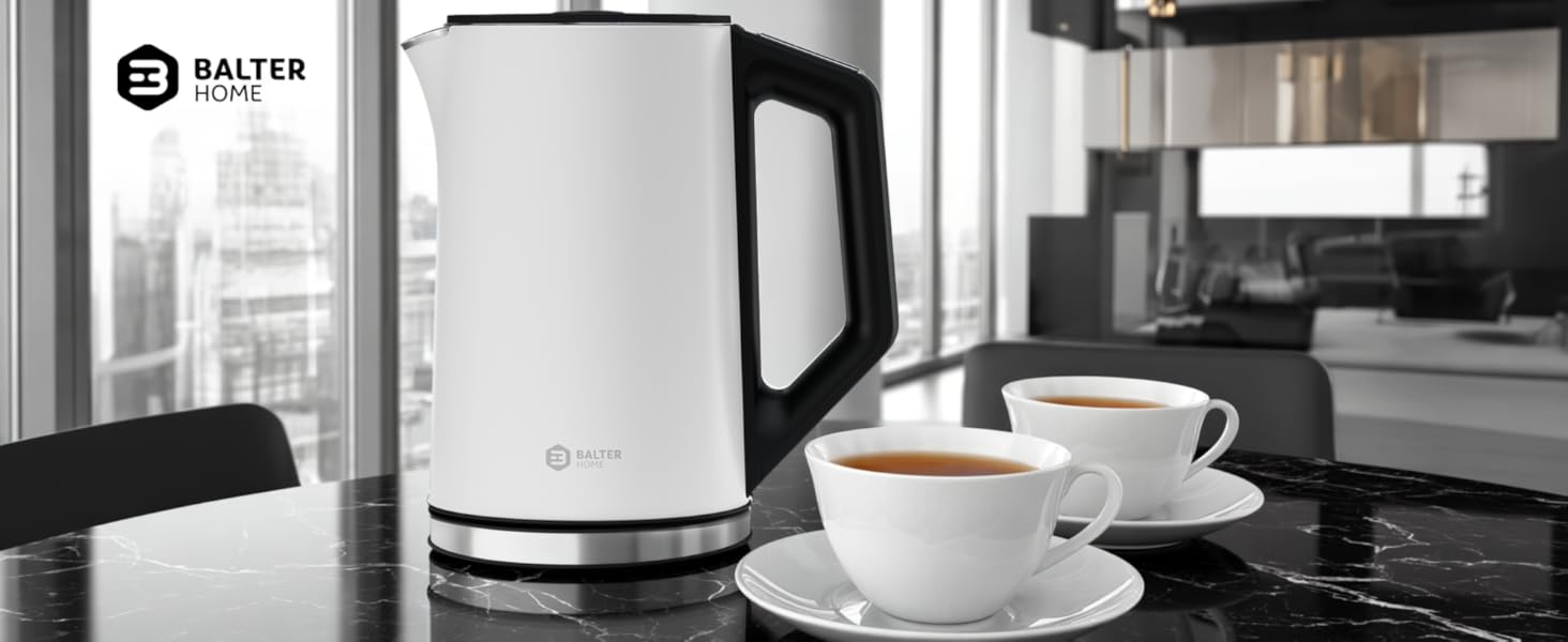 Електричний чайник BALTER з регулюванням температури, 40°C-100°C, подвійні стінки, без BPA, тихий та бездротовий, 1.5L, 2200W, білий