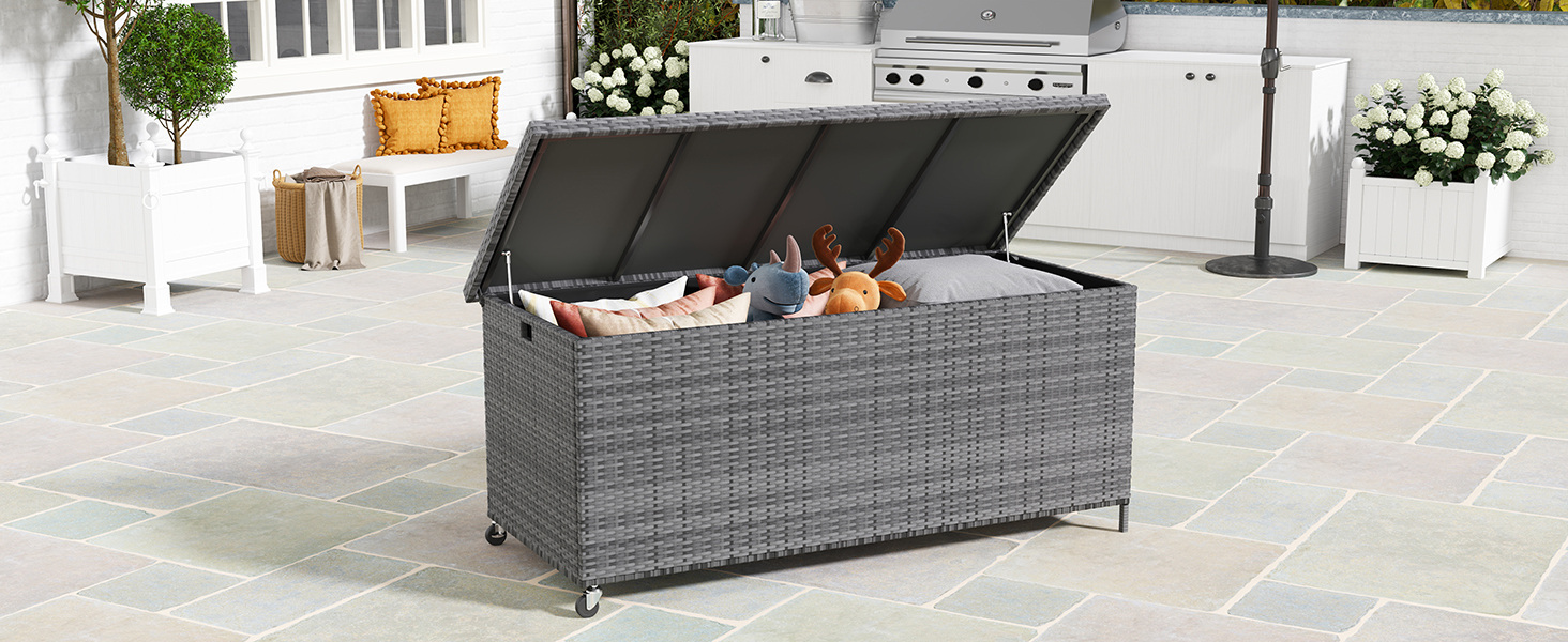 Водонепроникний садовий ящик для зберігання UDPATIO 480л з колесами, сірий 138x61 см | Ящик для подушок, стійкий до УФ-випромінювання та погодних умов для саду, балкону