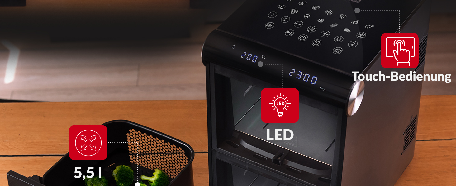 Фритюрниця повітряна LEHMANN XXL з 2 камерами, 11л, 13 програм, дисплей, антипригарне покриття, для великої сім'ї