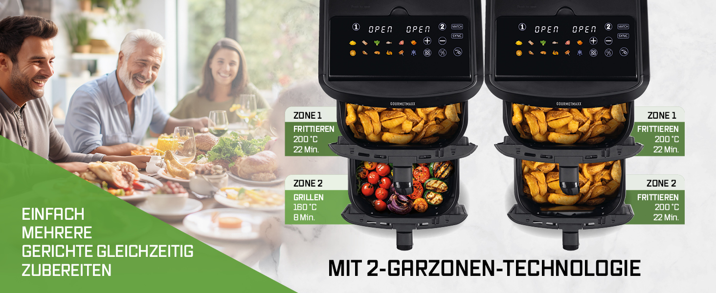 Аерофритюрниця GOURMETmaxx AirGenius 10L з двома камерами (2x5Л), сенсорним керуванням та 10 програмами приготування, для 8 осіб