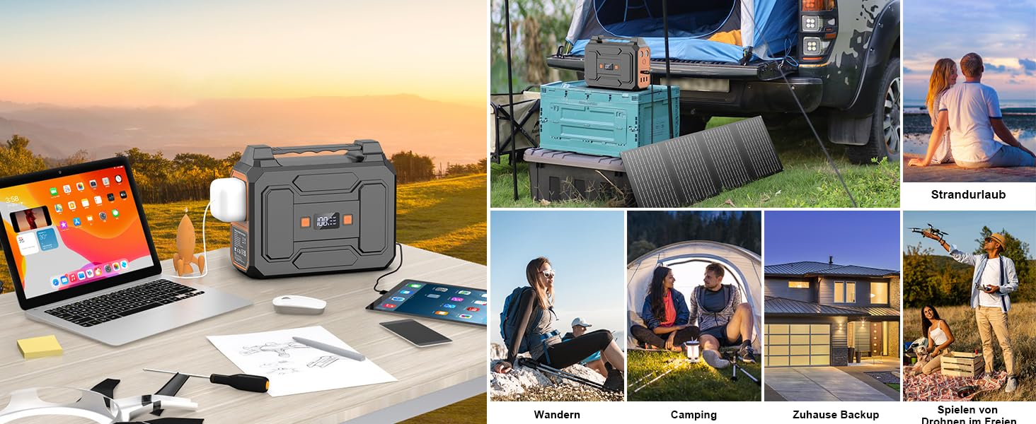 Повербанк Powkey з сонячною панеллю 99Wh/27000mAh, 40W, 100W, 230V AC, USB-A/USB-C, для кемпінгу, чорно-помаранчевий R100+YT40