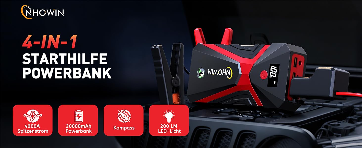 Powerbank Starthilfe 20000 mAh для автомобіля 12V з кабелями та LED-ліхтарем. Запуск авто до 7.5л бензину або 5.0л дизеля. 4-в-1 функція. Підходить для подорожей та надзвичайних ситуацій.