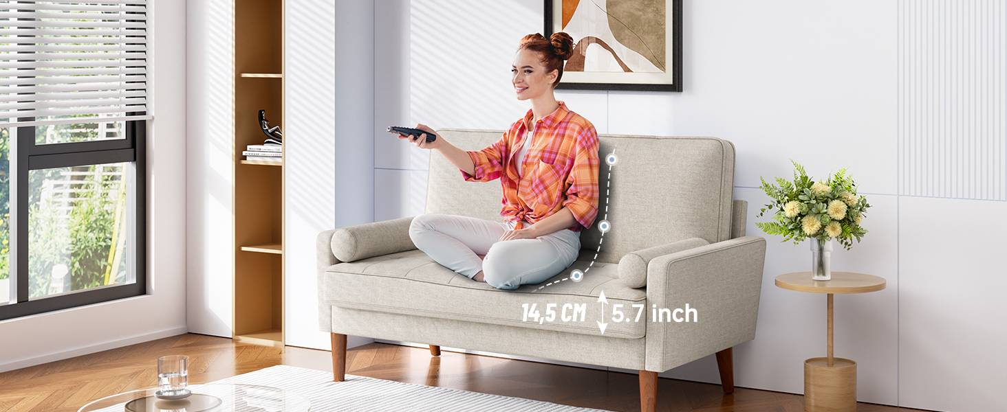 Диван Vesgantti 2-місний, 121 см, сучасний дизайн, з 2 подушками, для вітальні/квартири/офісу, тканина льон, колір пісочний