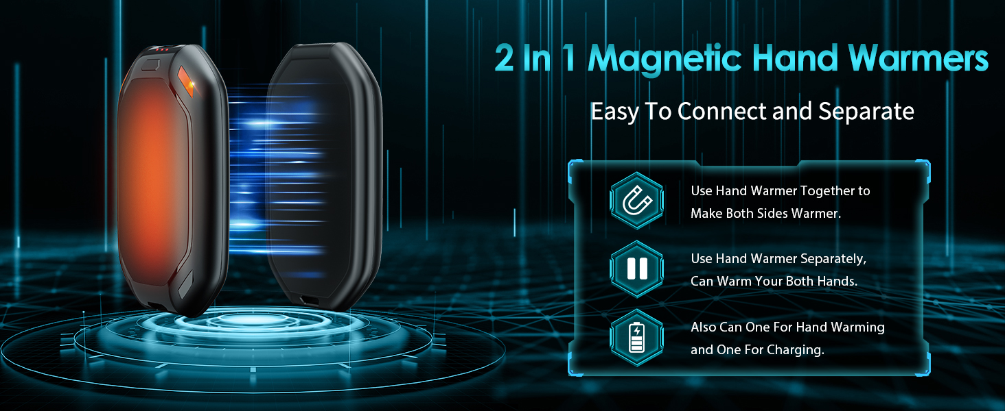 Електричний нагрівач для рук, 2 шт. Перезаряджуваний магнітний кишеньковий нагрівач, ультралегкий та тонкий з великою ємністю 6000 mAh, 3 режими нагріву для чоловіків та жінок, для активного відпочинку, гольфу, кемпінгу, чорний 1