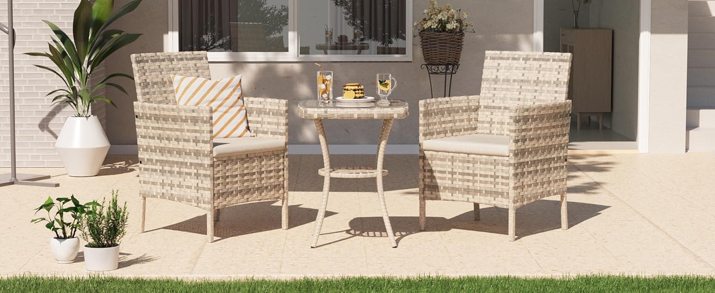 Набір садових меблів UDPATIO Lounge для балкона: стіл та 2 стільці, стійкий до погодних умов, для тераси та саду, поліротанг, 2 особи (кремовий, 3-частинний)