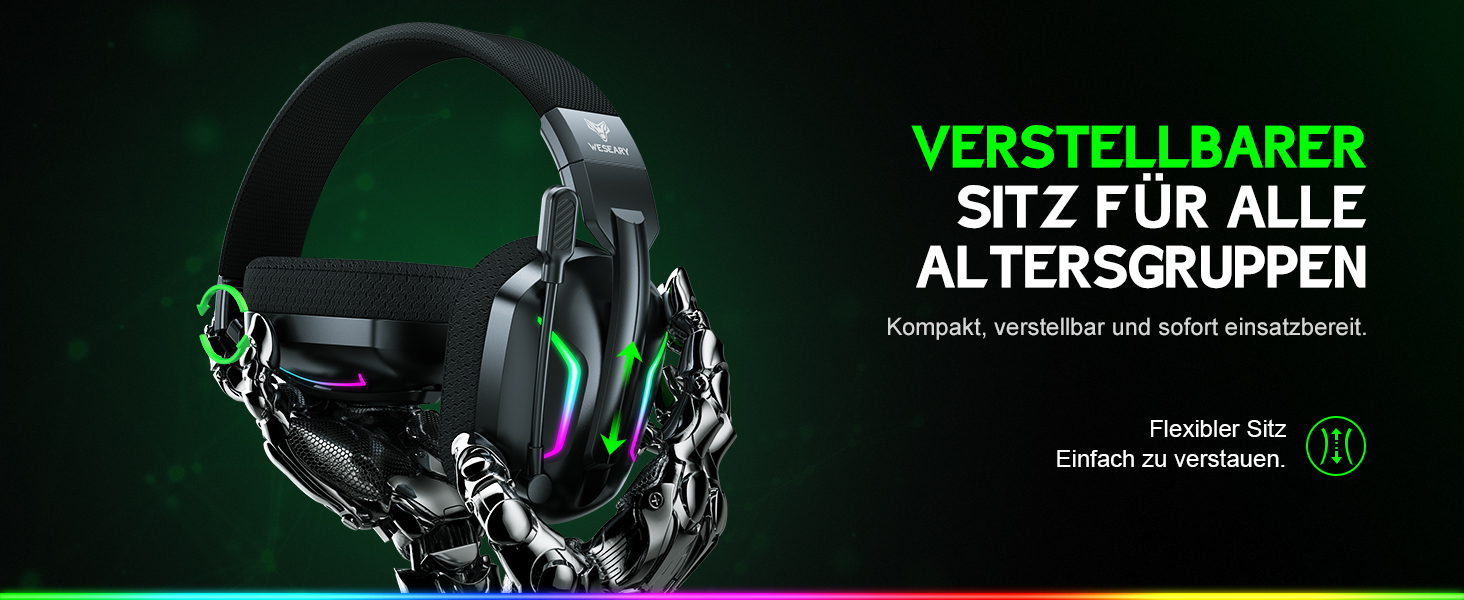 WG1 Bluetooth ігрова гарнітура з мікрофоном, бездротова, 2.4G, для PS5, PS4, PC, Switch, Mac, з LED підсвічуванням, шумозаглушення, 50 годин роботи, Satinweiß (Upgrade-Xbox, Quantum White)