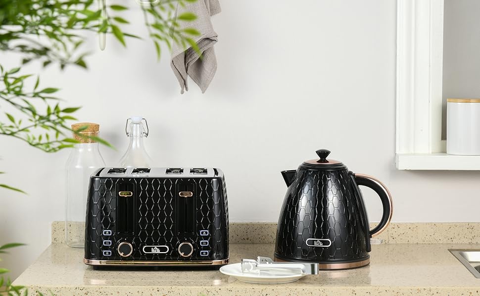 Набір тостер та чайник HOMCOM 1,7L, 4 тости, 7 рівнів підсмажування, автоматичне відключення, розморожування, підігрів, з підсвічуванням, чорний