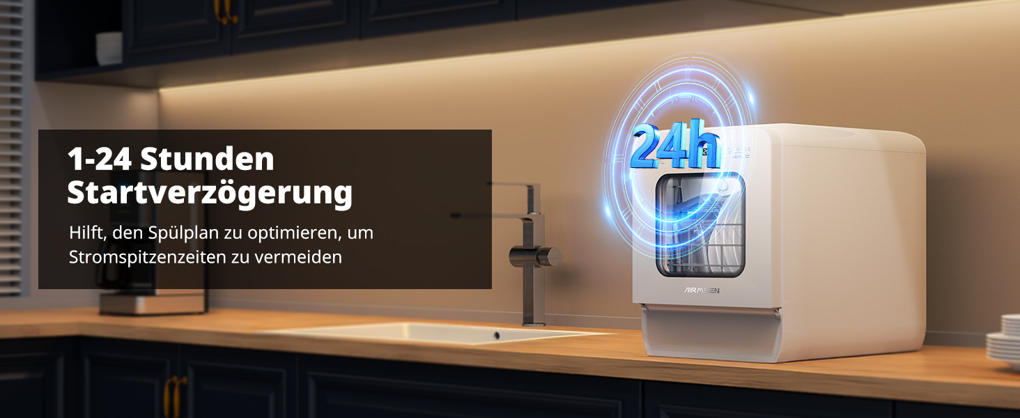Мийка посуду AIRMSEN Mini для столу з резервуаром для води, ополіскувачем, 9 програм, 37*50 см, ультра-вузька, таймер 1-24 год, 360° подвійний розпилювач, шланг/без шланга, білий