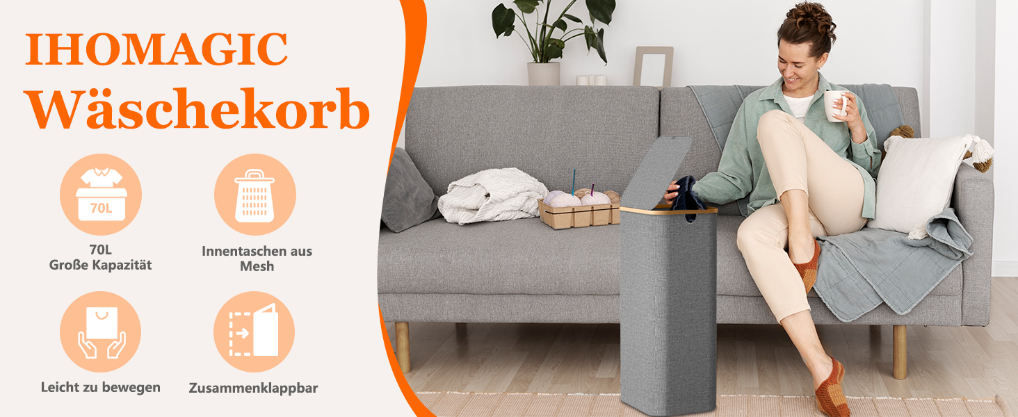 Кошик для білизни з кришкою 70л, вузький, з бамбуковими ручками та внутрішньою кишенею, складний, портативний, для пральні, йоги, темно-сірий 70л