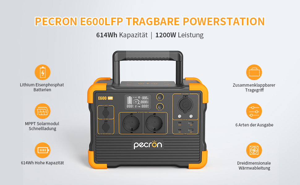 Портативна електростанція pecron E600LFP.614 Втгод Сонячний генератор LiFeP04 Акумулятор з виходами 1200 Вт CA Генератор електроенергії для подорожей/кемпінгу/на природі/надзвичайних ситуацій