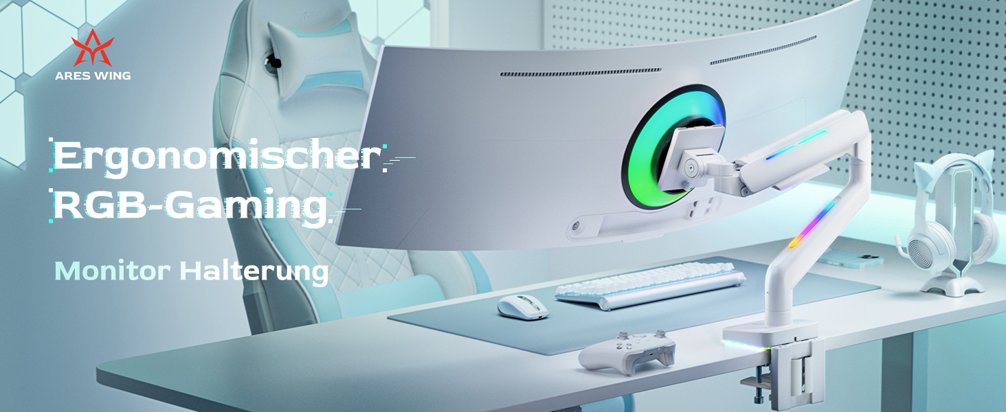 Кріплення для монітора ARES WING Ergonomic RGB, 17-49 дюймів, регульоване по висоті, поворотне, нахильне, RGB LED (білий)