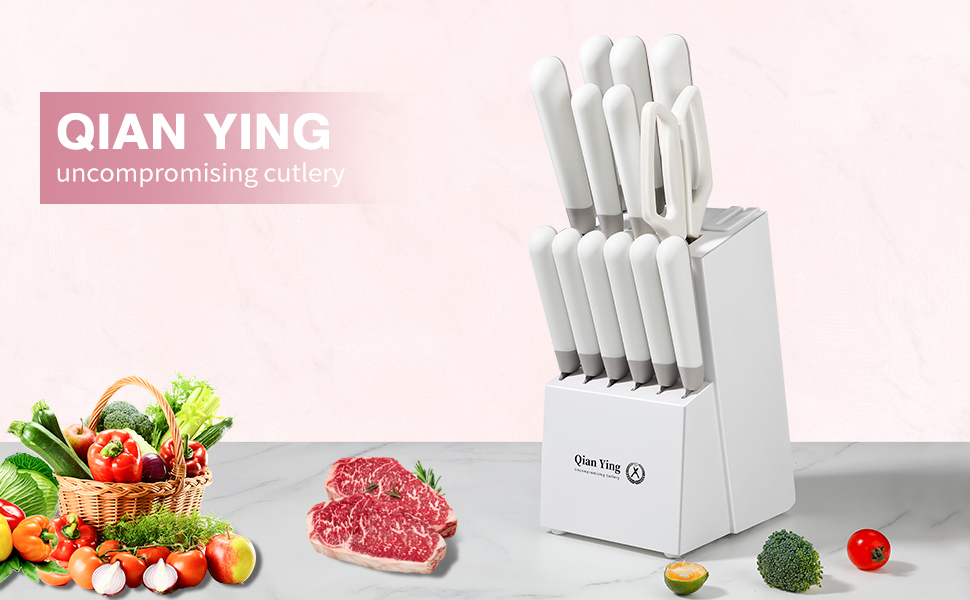 Набір кухонних ножів 14 предметів з бруском: кухонний набір, ніж для приготування їжі, подарунок для мами, білий