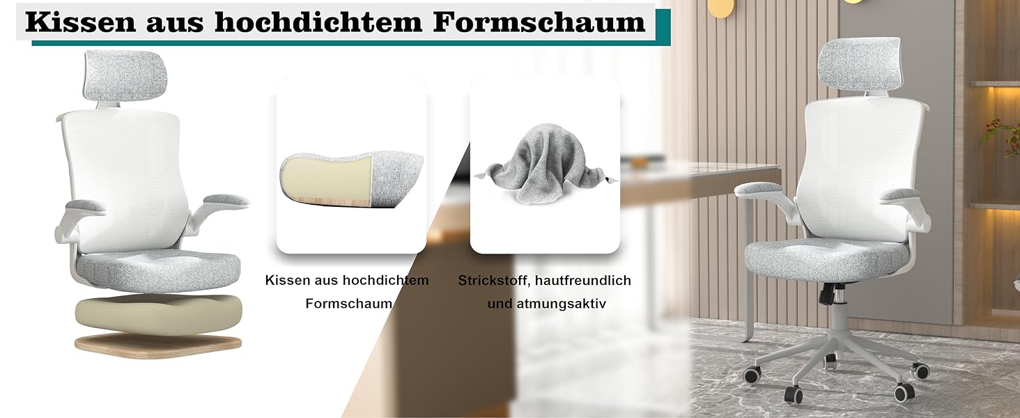 Ергономічне крісло для офісу з регульованою підголівником та поперековою підтримкою – високе офісне крісло з сітчастою спинкою та м'яким сидінням, вішалка для одягу та функцією блокування (білий та сірий)