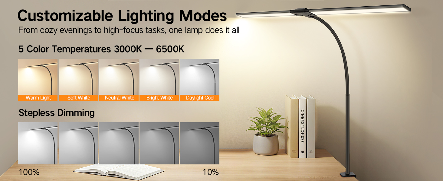 OUTON LED лампа для столу з двома головками, 85.5 см, 1600 люмен, сенсорне керування, регулювання яскравості, 5 температур кольору, таймер, пам'ять, захист очей, кріпиться за допомогою затискача, для офісу та дому, чорний