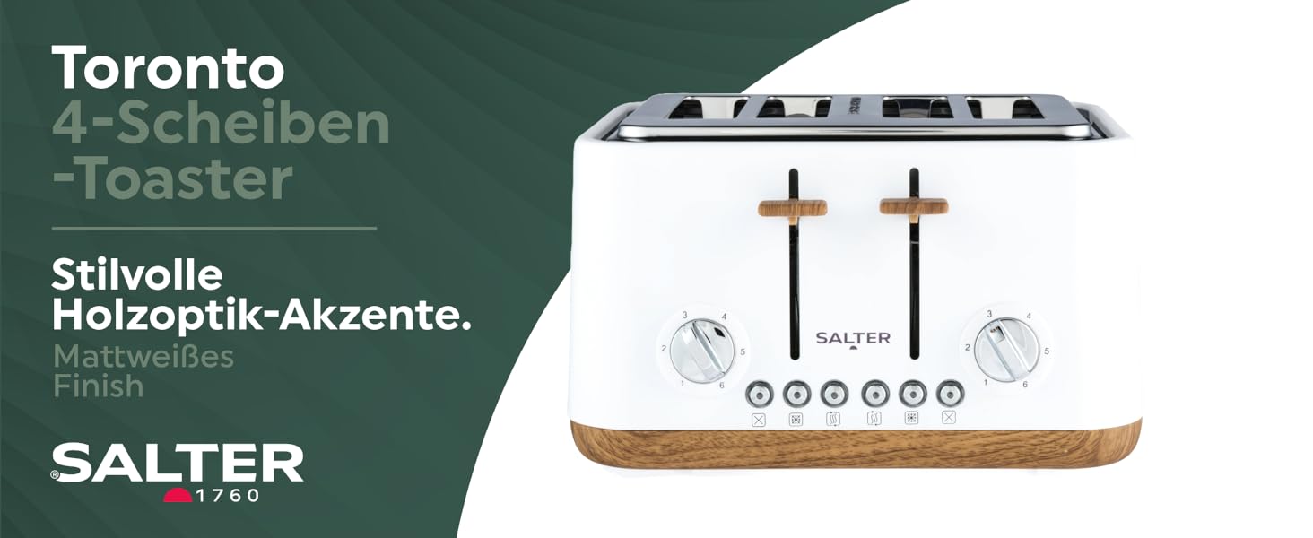Тостер SALTER Toronto 4-слотовий, білий – широкий простір для хліба, 6 режимів підсмажування, розморожування, підігрів, функція скасування, підйом хліба