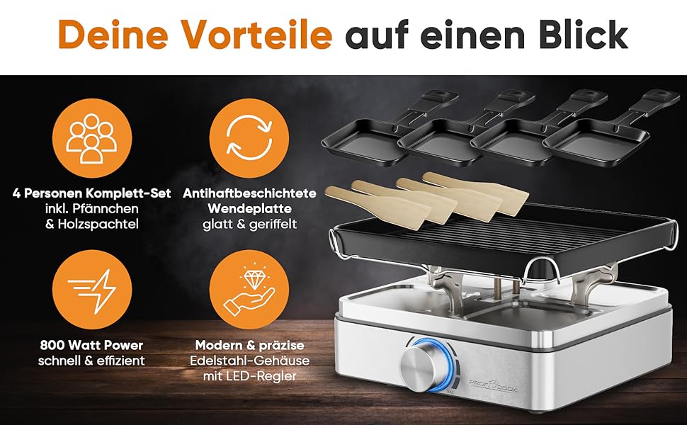 Raclette ProfiCook RG 1301 для 4 осіб | з 4 сковорідками та шпателями | Ракле | 800W