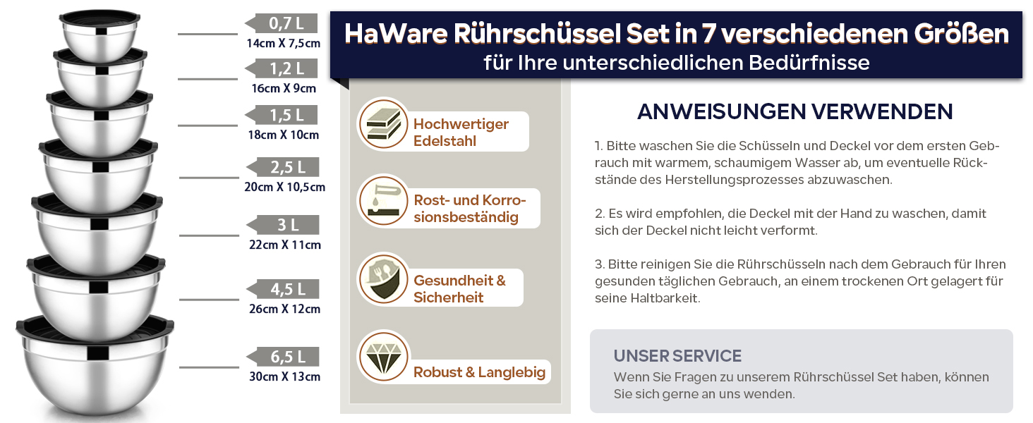 Набір місок HaWare 7 шт. з нержавіючої сталі з кришкою, 6.5-0.7L, чорний, для приготування їжі, миття в посудомийній машині