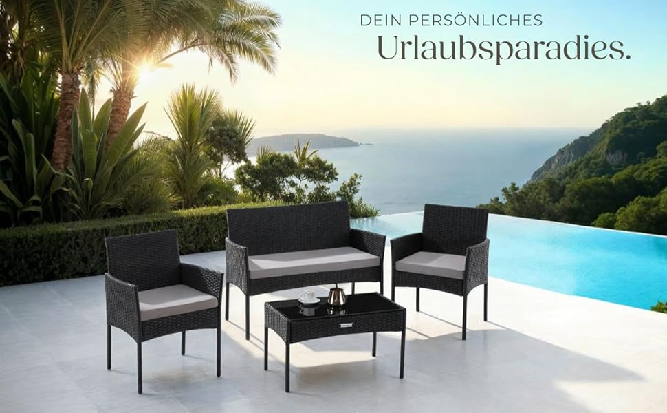 Набір садово-розплідницьких меблів tectake® з ротангу: банкетка, 2 крісла, столик, подушки, чорний колір. Меблі для балкона, тераси, саду.