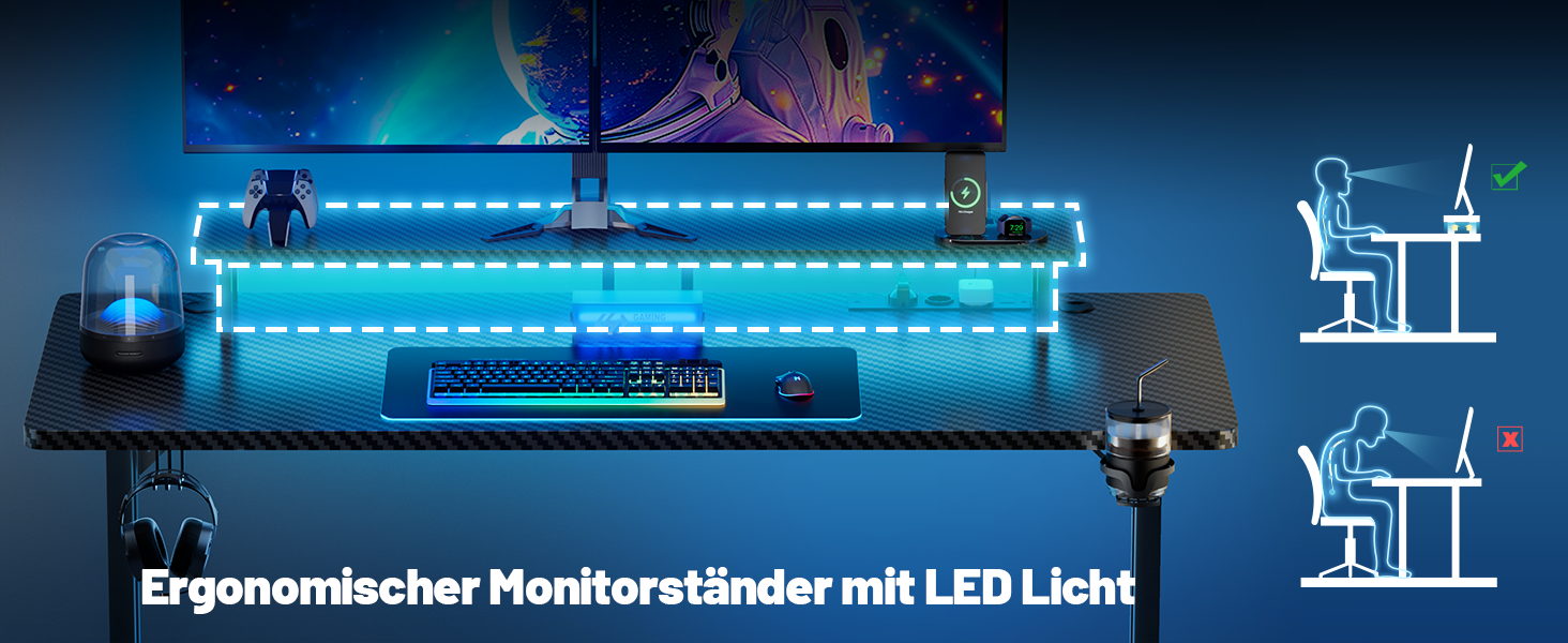 Ігровий стіл HLONONE з LED підсвічуванням, 120x60 см: стіл для геймінгу та офісу з 3 розетками та 2 USB-портами, стійкий комп'ютерний стіл, чорний