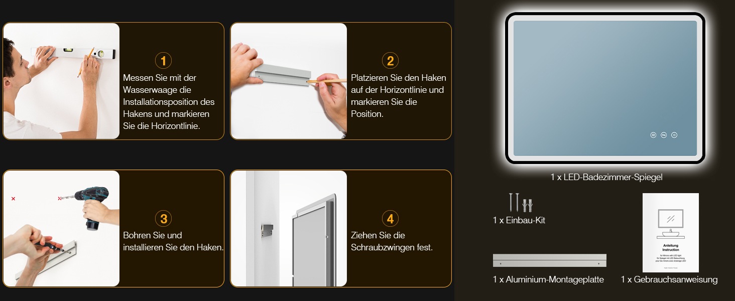 LED дзеркало для ванної кімнати 80x60 см з підсвічуванням, диммер, протитуманне покриття, 3 кольори світла, IP44, функція пам'яті, горизонтальний/вертикальний монтаж