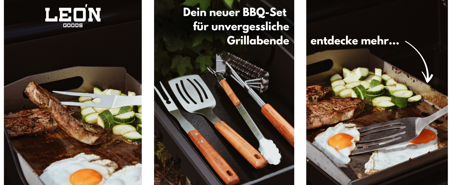 Набір для гриля: щипці, лопатка, виделка, щітка для чищення. Підходить для газових грилів. Подарунковий набір з нержавіючої сталі та акації (4 шт.)