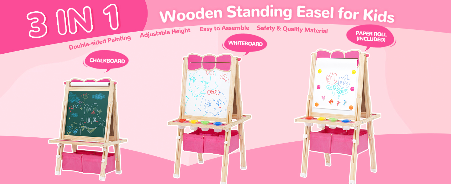 Дерев'яна мольберт Kinder Tafel з паперовою рулонкою, регульована висота, рожевий колір, двосторонній (whiteboard та дошка)