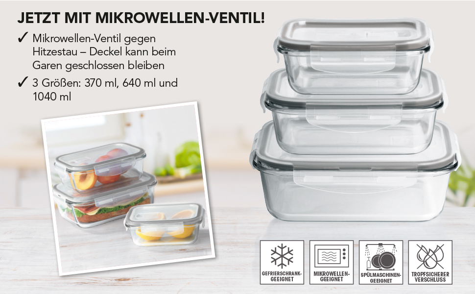 Набір скляних контейнерів для зберігання їжі GOURMETmaxx Klick-it, 3 шт, антрацит — герметичні ланч-бокси для мікрохвильової печі, морозильника та посудомийки