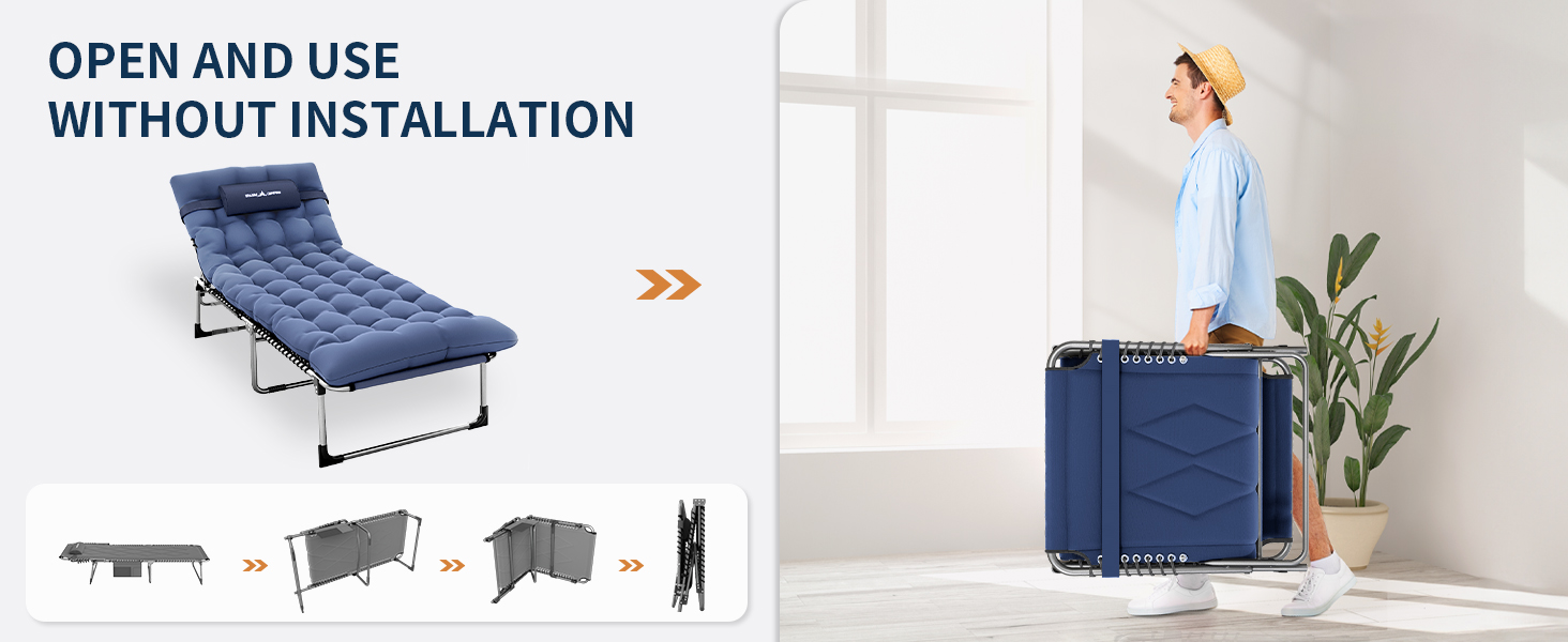 Розкладне ліжко для кемпінгу UDPATIO: зручне ліжко для відпочинку на природі з регульованою спинкою та подушкою (Navy)
