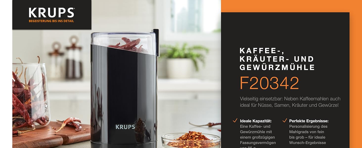 Кавомолка електрична Krups GVX212 з регулюванням помелу та вибором кількості чашок, нержавіюча сталь, чорна (для кави, спецій, трав)
