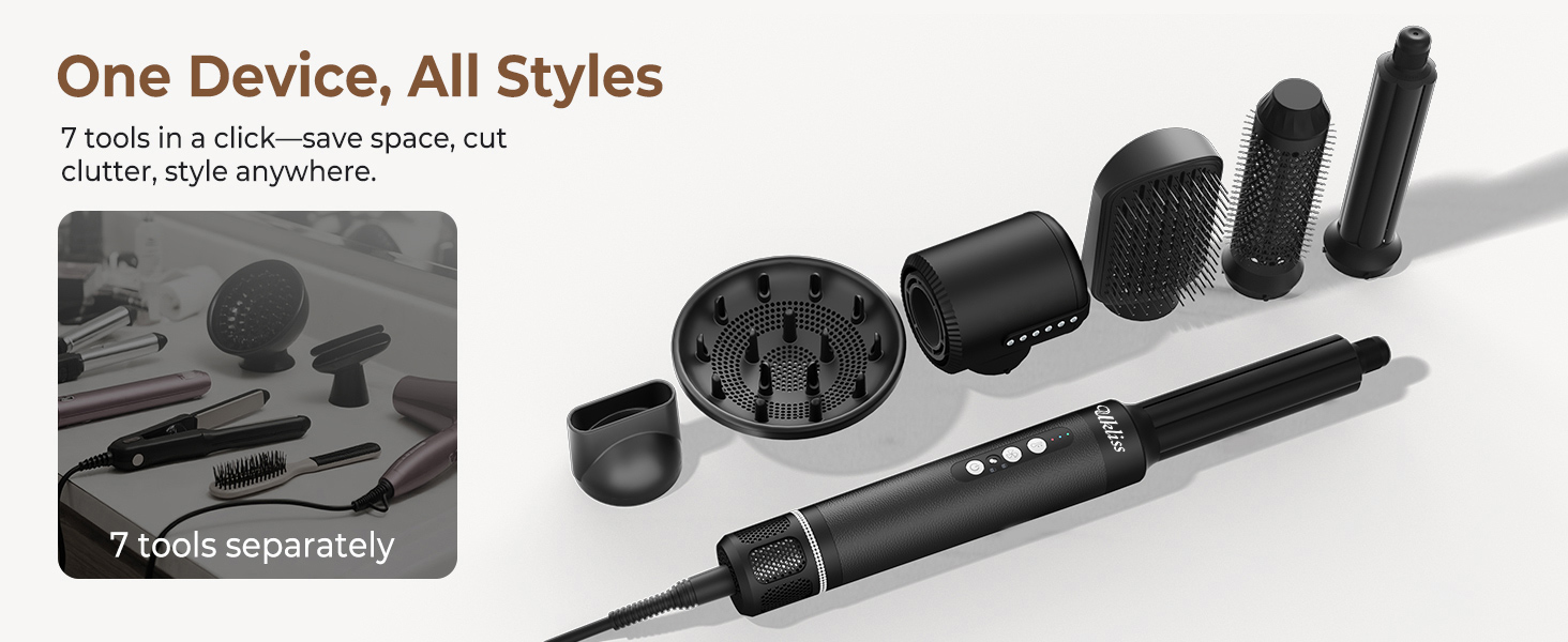 Hairstyler UKLISS Pro 7-в-1 з іонізацією: фен-щітка, кругла щітка, аеробраш для створення локонів (Чорний)