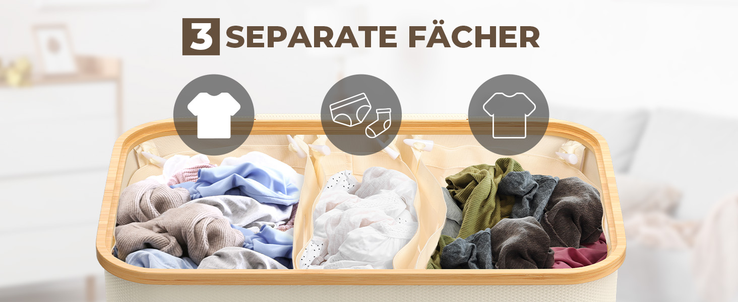 Кошик для білизни OUSFOT з кришкою, 3 відділення, 158л, сортер для білизни, знімний мішок, сітчаста кишеня, бамбукова коробка для білизни, бежевий